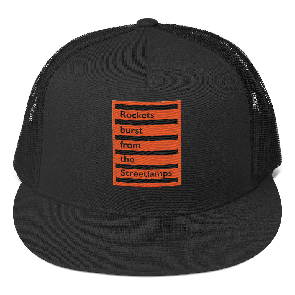 Rockets Burst from the Streetlamps Orange Sticker Trucker Cap