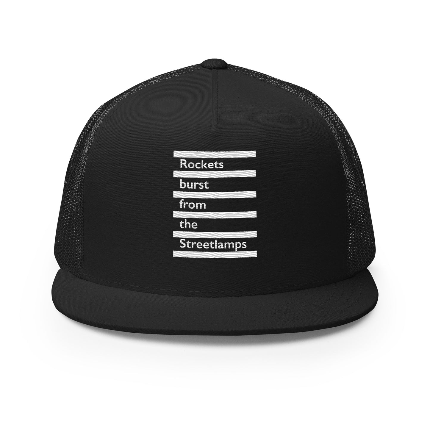 Rockets Burst from the Streetlamps Black and White Trucker Hat