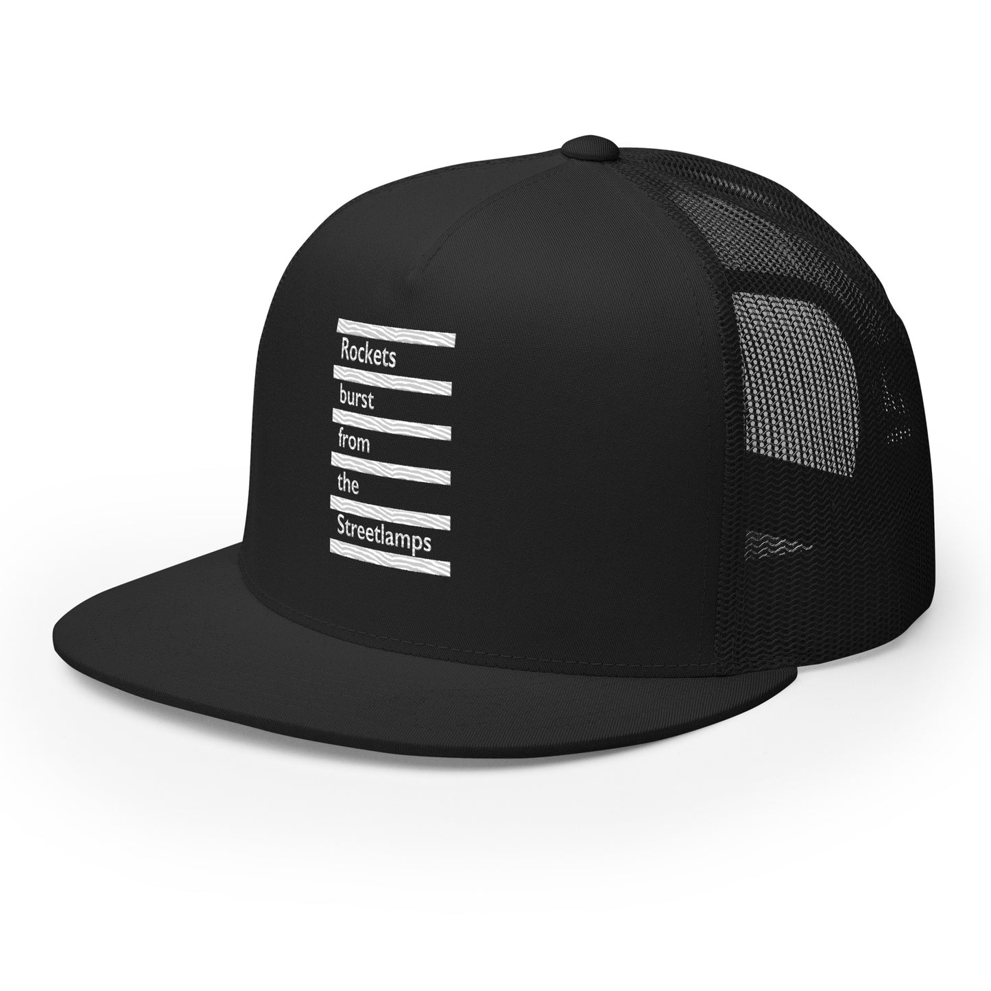 Rockets Burst from the Streetlamps Black and White Trucker Hat