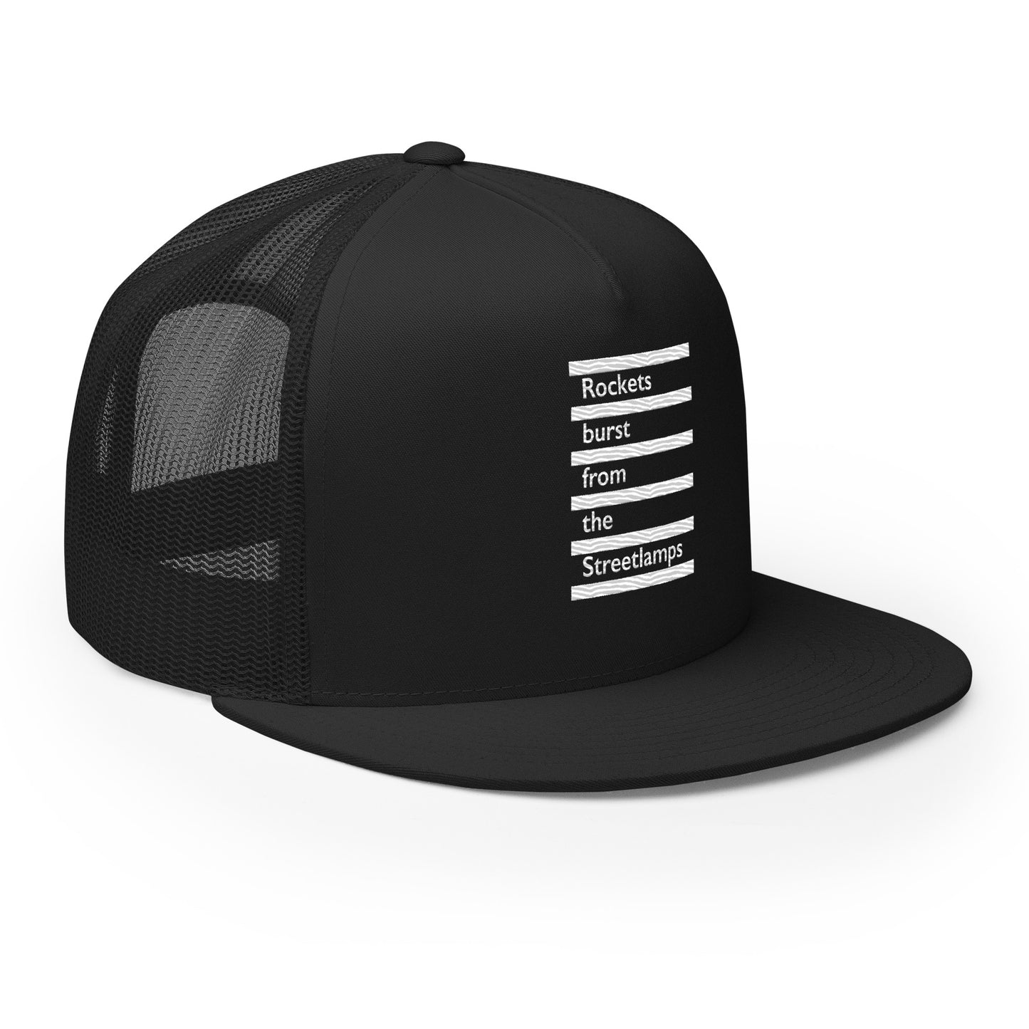 Rockets Burst from the Streetlamps Black and White Trucker Hat