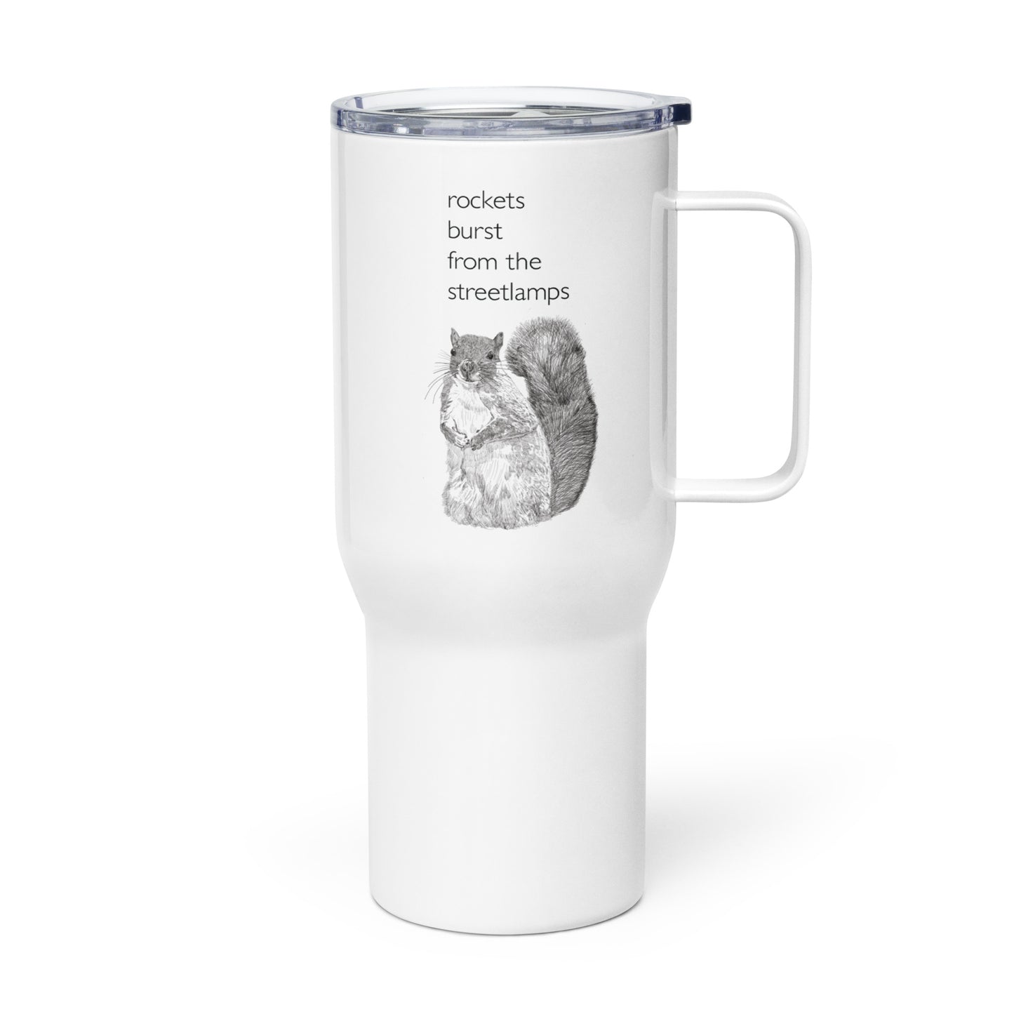 Rockets burst from the Streetlamps Metal Travel Mug