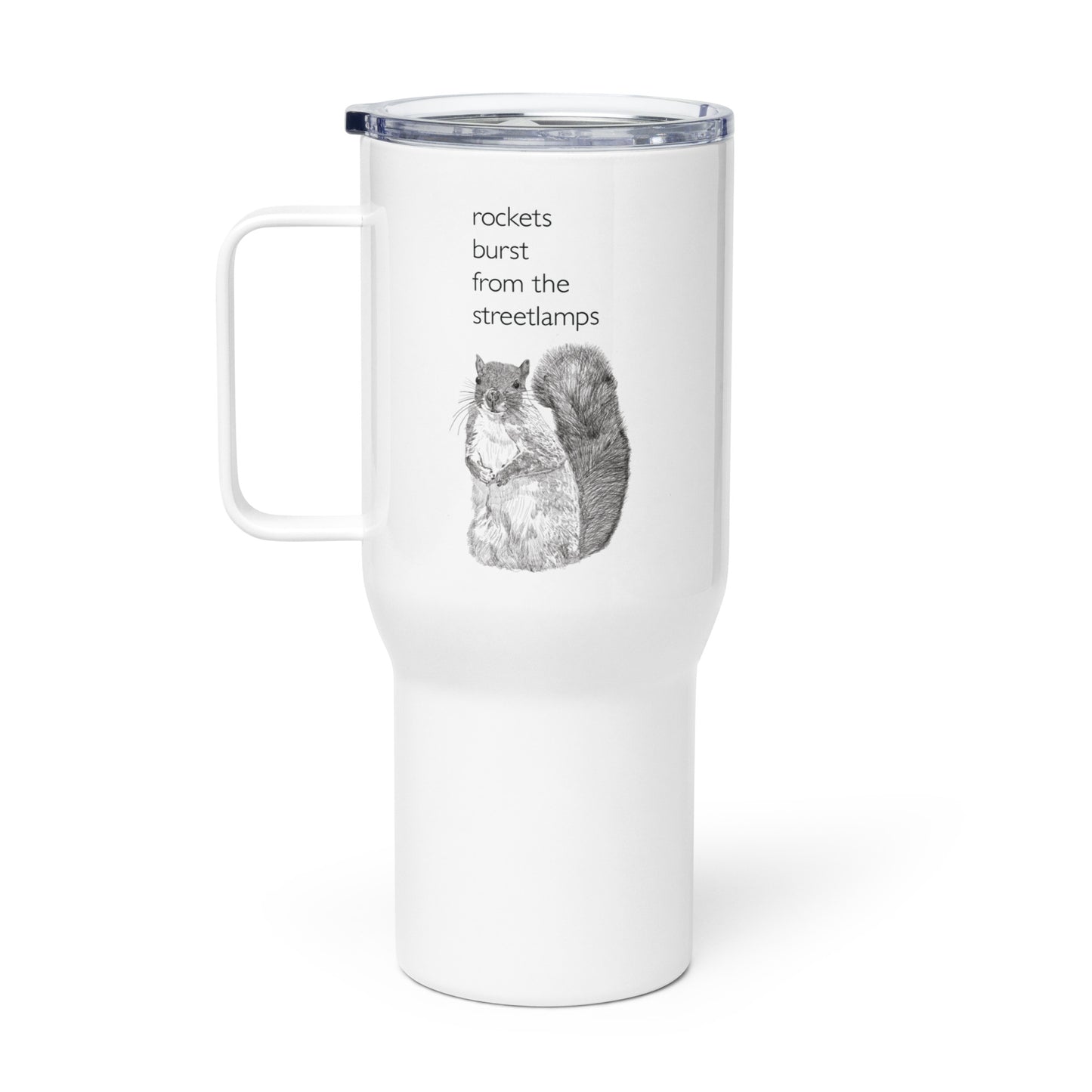 Rockets burst from the Streetlamps Metal Travel Mug