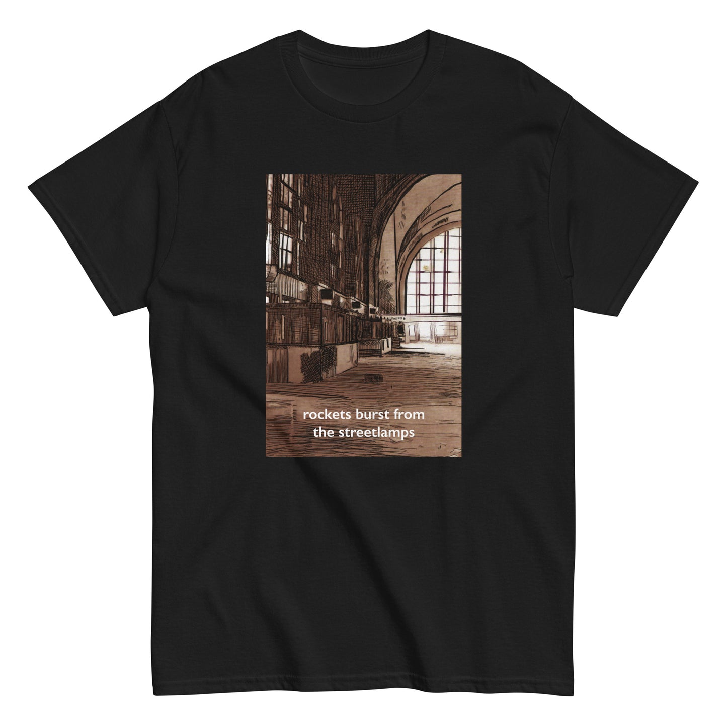 Rockets Burst from the Streetlamps Abandoned Buffalo Train Station T-shirt