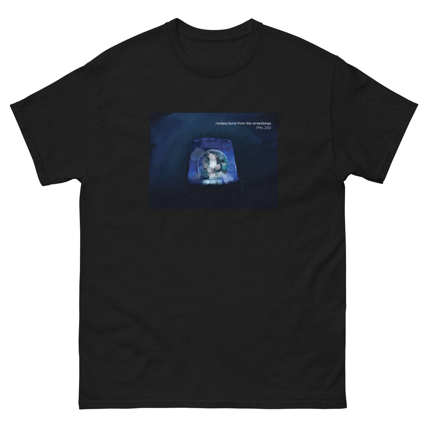 Rockets burst from the Streetlamps Memorial Blue Light T-shirt