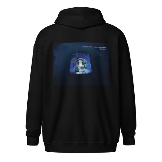 Rockets burst from the Streetlamps Memorial Blue Light Hoodie