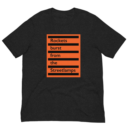 Rockets Burst from the Streetlamps Orange Sticker Stacked Logo T-shirt