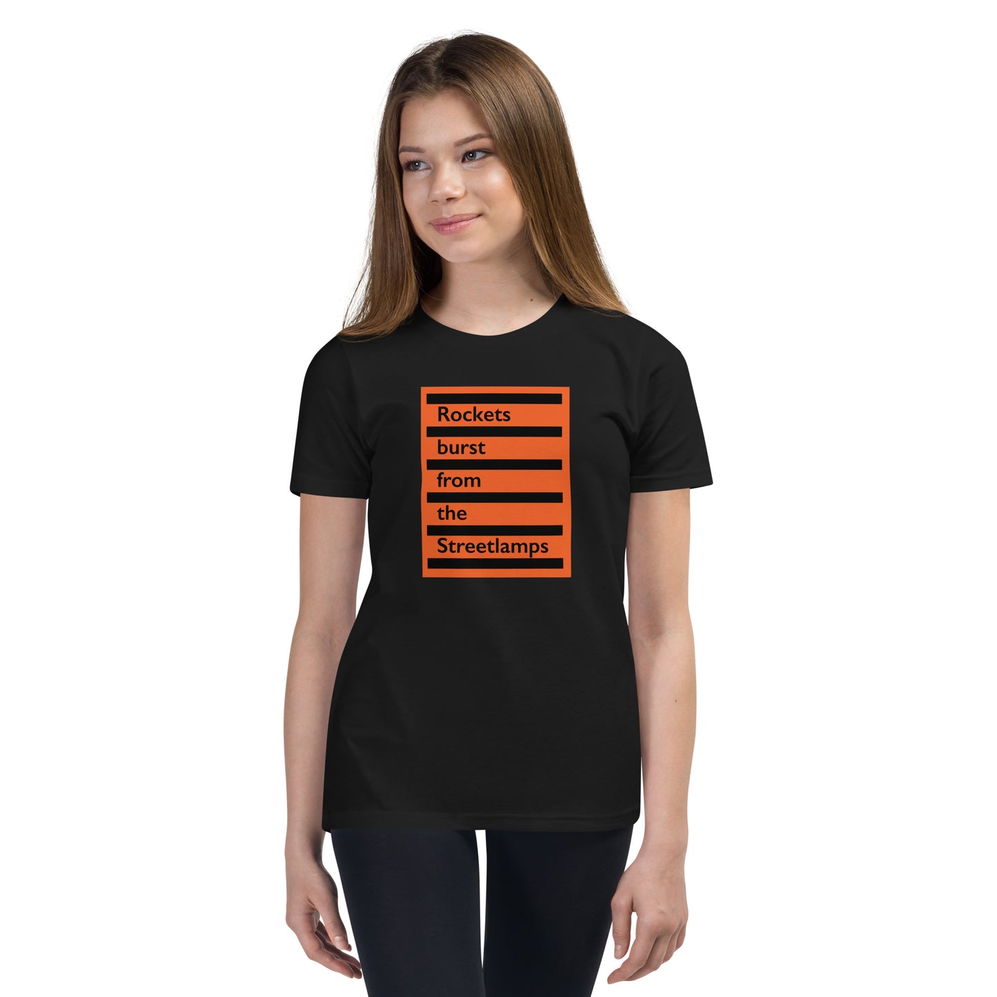 Rockets Burst from the Streetlamps Youth Orange Sticker T-shirt