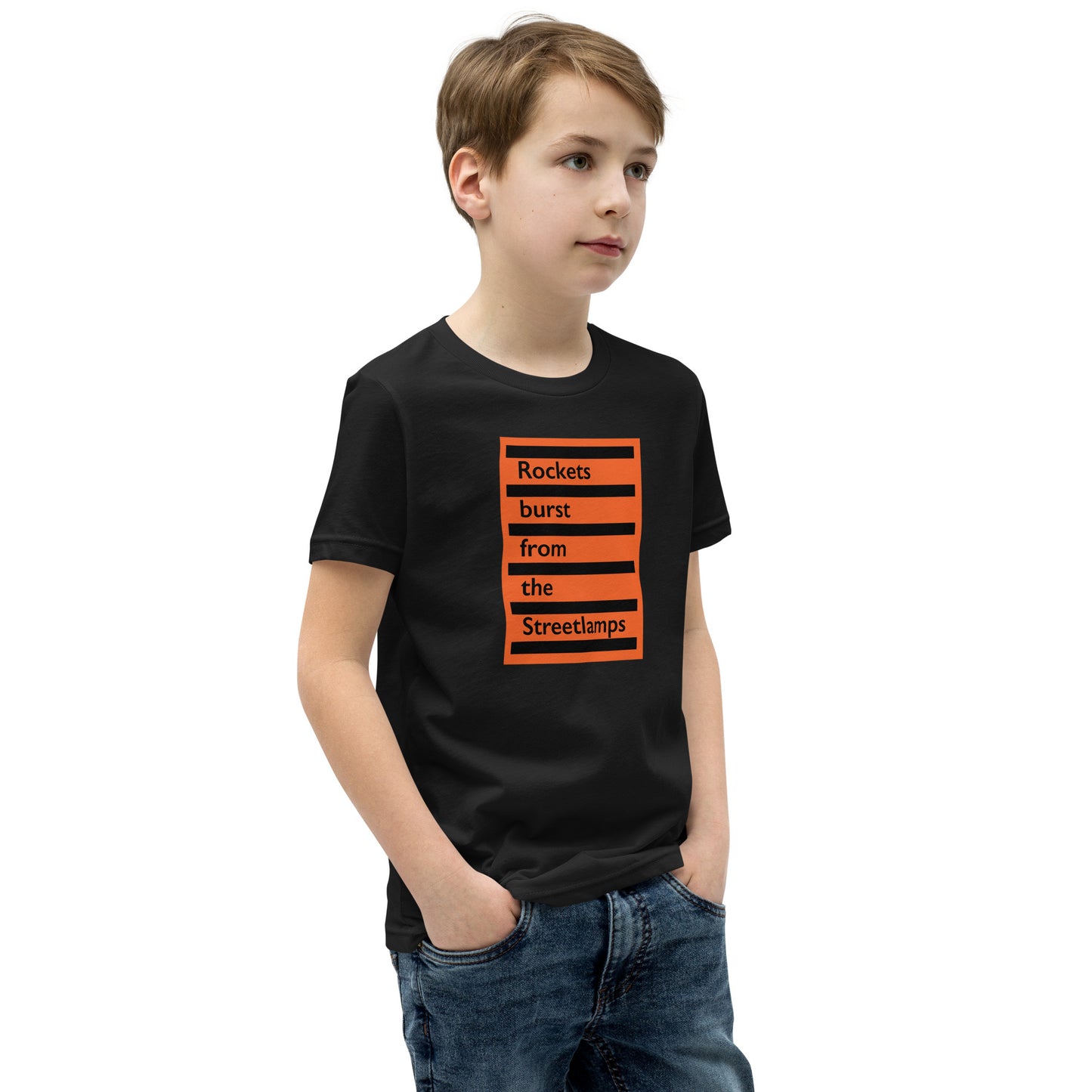 Rockets Burst from the Streetlamps Youth Orange Sticker T-shirt